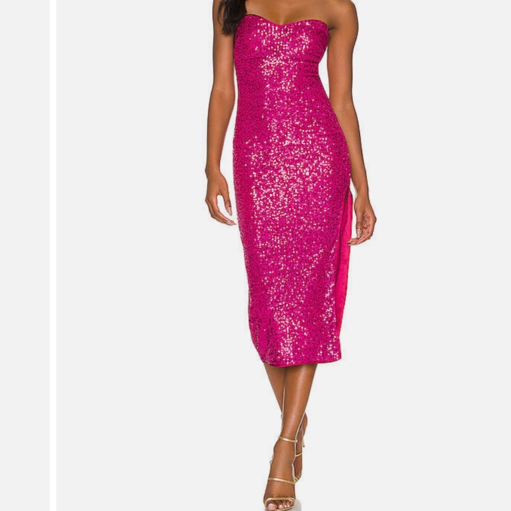 Majorelle Strapless Sequin Midi Dress in Hot Pink Size Medium